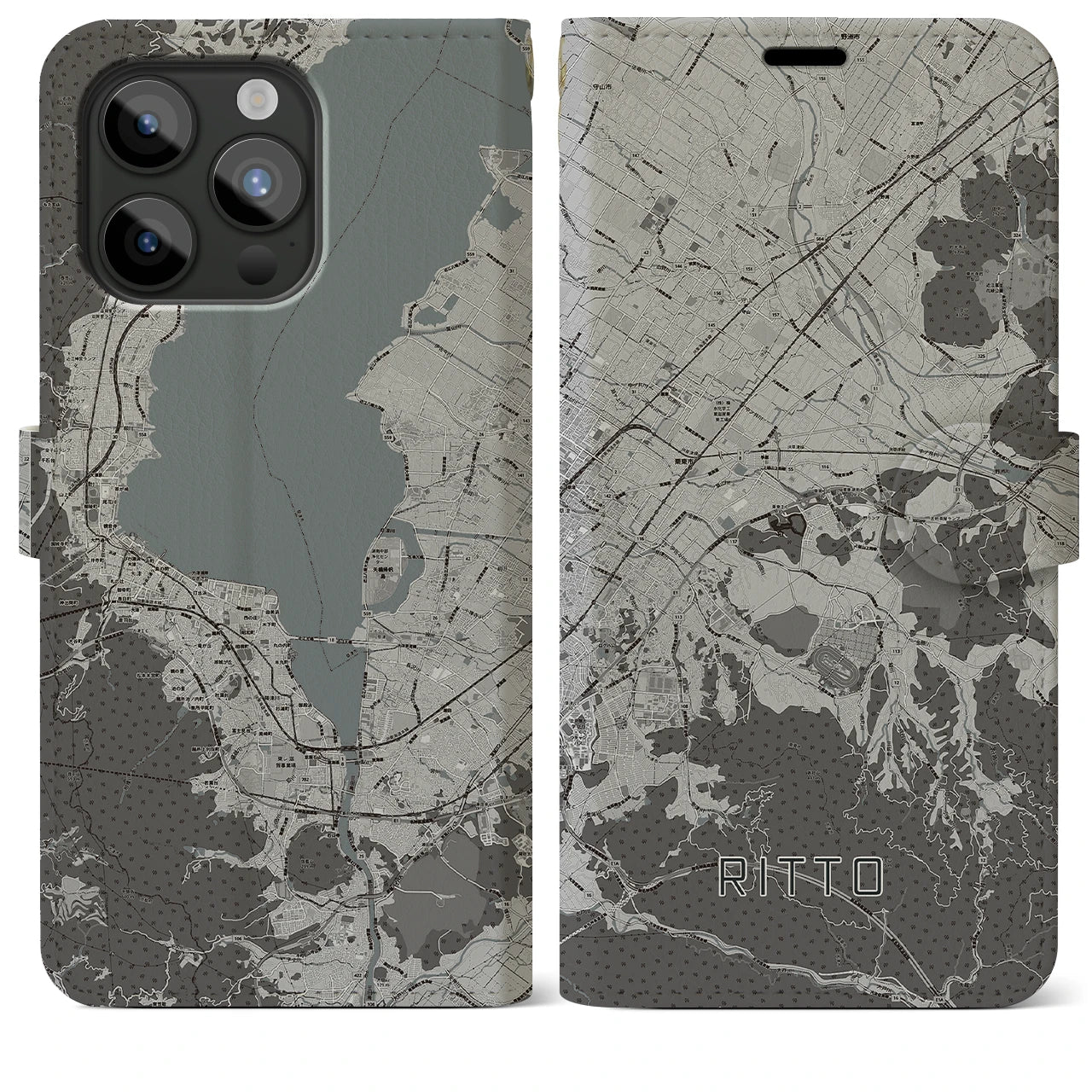 【栗東(滋賀県)】地図柄iPhoneケース(手帳タイプ)モノトーン・iPhone 15 Pro Max 用