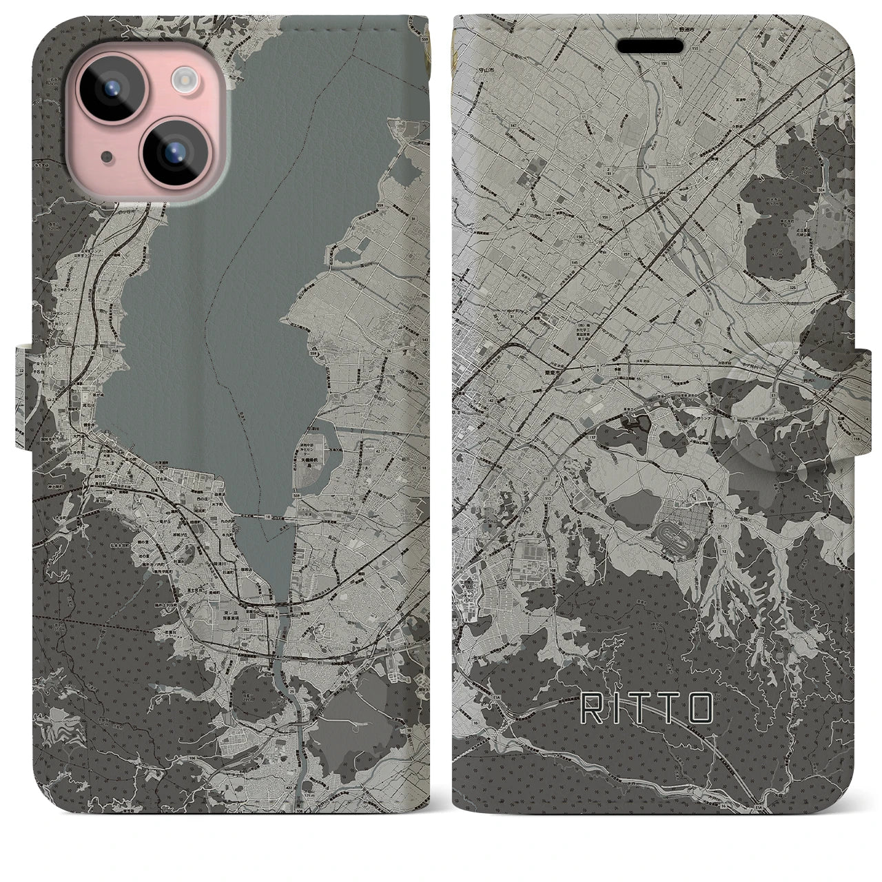 【栗東(滋賀県)】地図柄iPhoneケース(手帳タイプ)モノトーン・iPhone 15 Plus 用