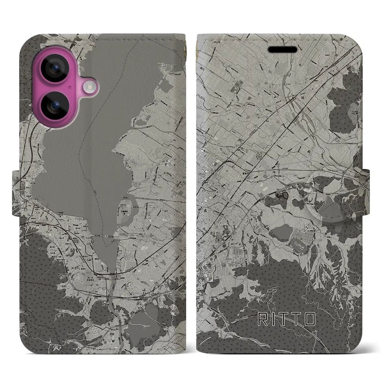 【栗東(滋賀県)】地図柄iPhoneケース(手帳タイプ)モノトーン・iPhone 16 Pro 用