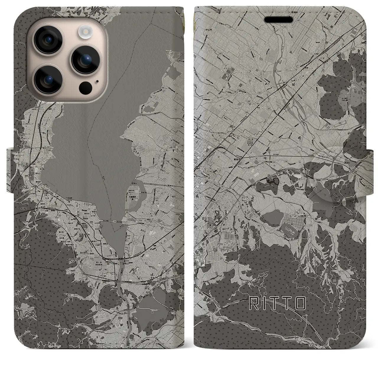 【栗東(滋賀県)】地図柄iPhoneケース(手帳タイプ)モノトーン・iPhone 16 Plus 用