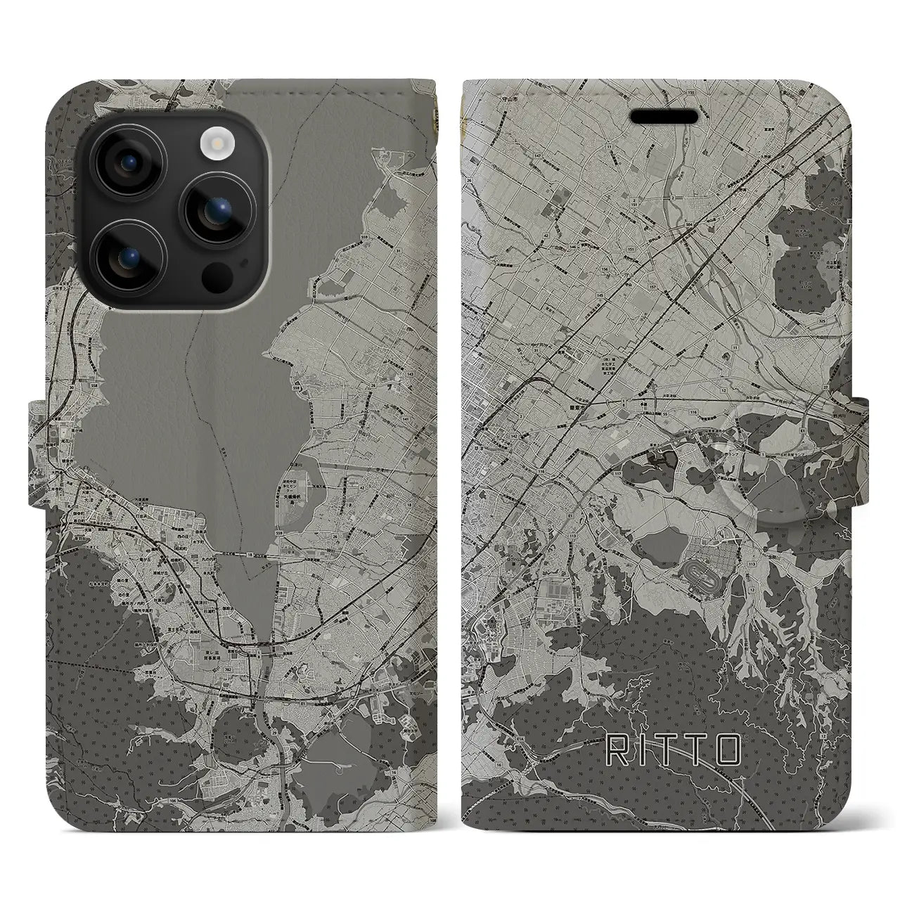 【栗東(滋賀県)】地図柄iPhoneケース(手帳タイプ)モノトーン・iPhone 16 用