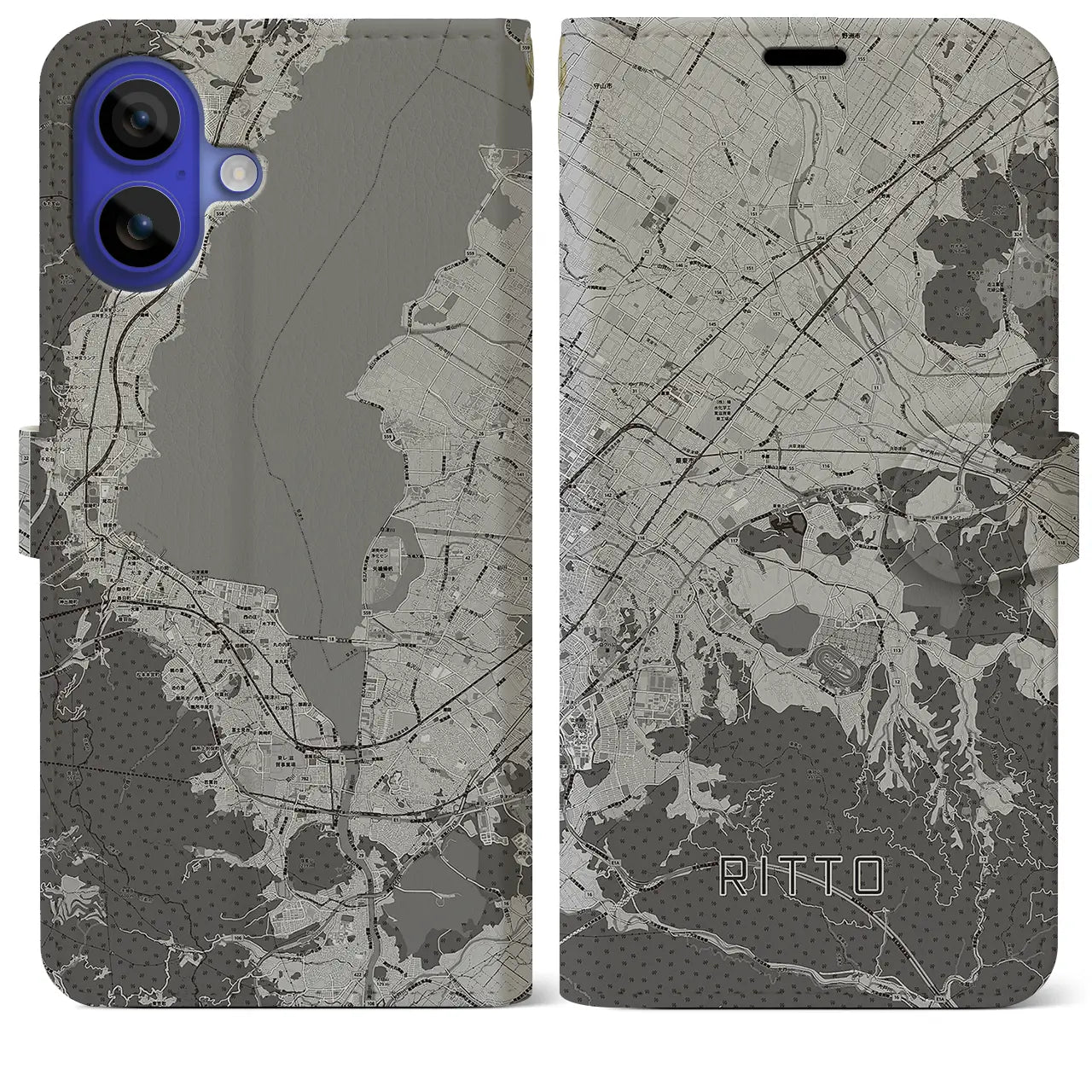 【栗東(滋賀県)】地図柄iPhoneケース(手帳タイプ)モノトーン・iPhone 16 Pro Max 用