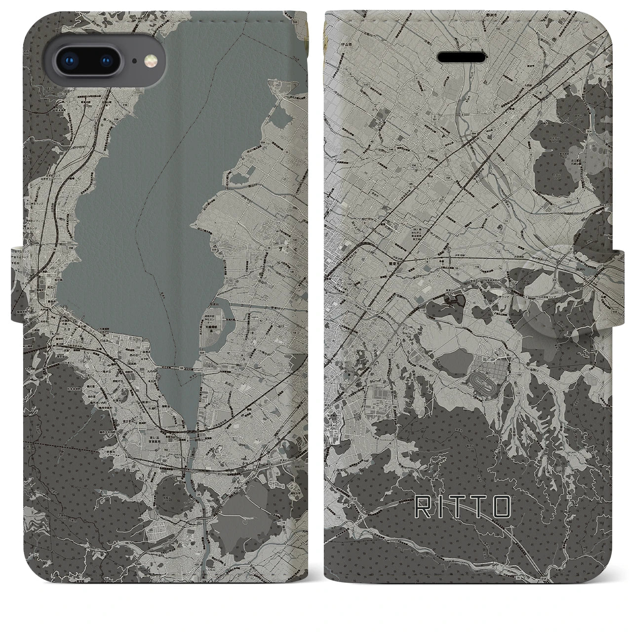 【栗東(滋賀県)】地図柄iPhoneケース(手帳タイプ)モノトーン・iPhone 8Plus /7Plus / 6sPlus / 6Plus 用