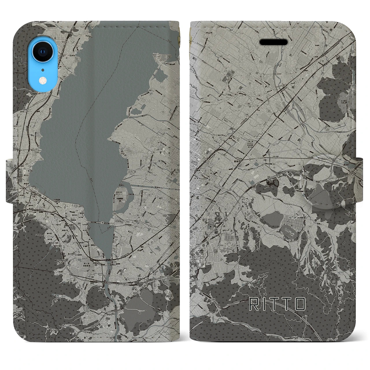 【栗東(滋賀県)】地図柄iPhoneケース(手帳タイプ)モノトーン・iPhone XR 用