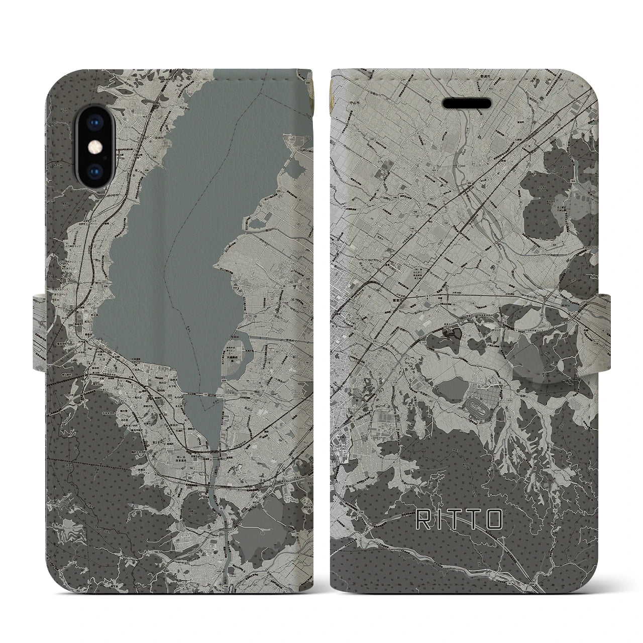 【栗東(滋賀県)】地図柄iPhoneケース(手帳タイプ)モノトーン・iPhone XS / X 用