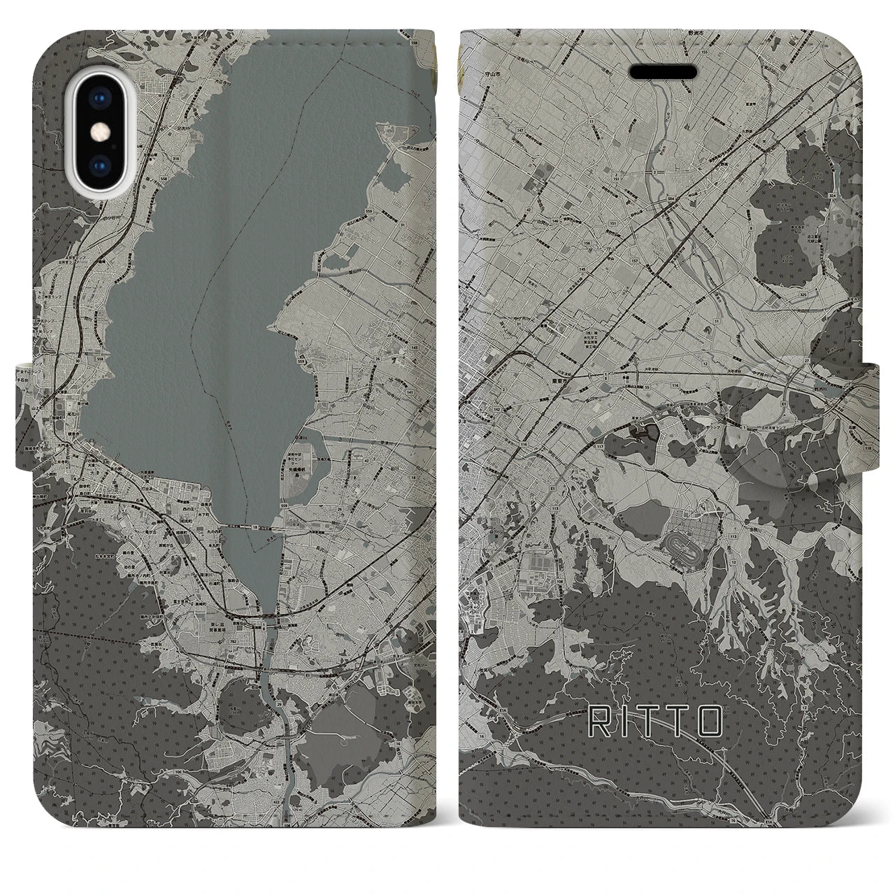 【栗東(滋賀県)】地図柄iPhoneケース(手帳タイプ)モノトーン・iPhone XS Max 用