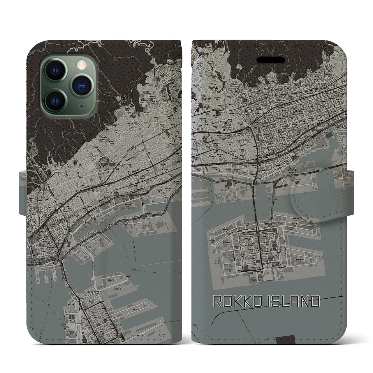 【六甲アイランド(兵庫県)】地図柄iPhoneケース(手帳タイプ)モノトーン・iPhone 11 Pro 用
