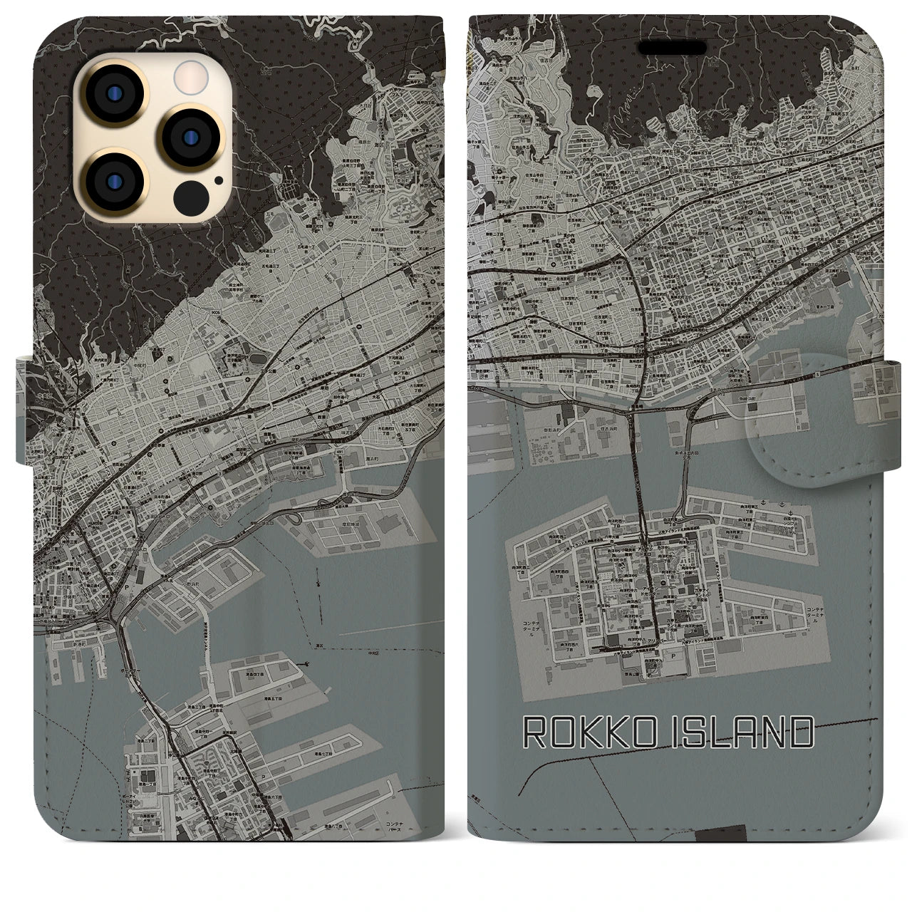 【六甲アイランド(兵庫県)】地図柄iPhoneケース(手帳タイプ)モノトーン・iPhone 12 Pro Max 用