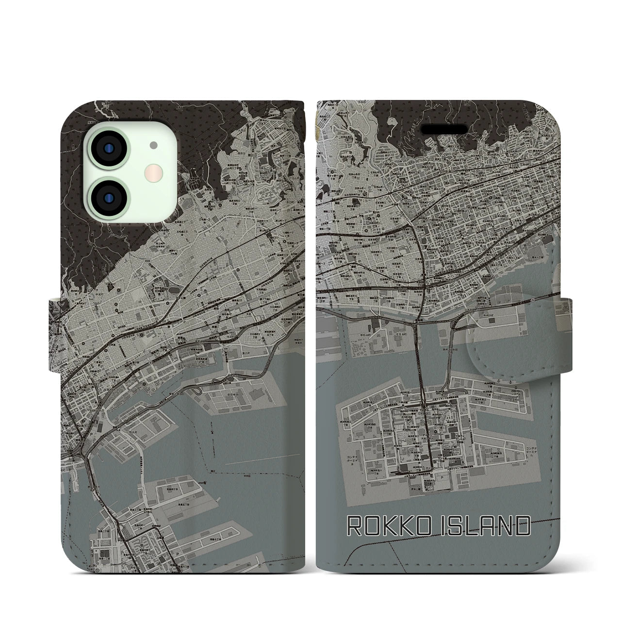 【六甲アイランド(兵庫県)】地図柄iPhoneケース(手帳タイプ)モノトーン・iPhone 12 mini 用