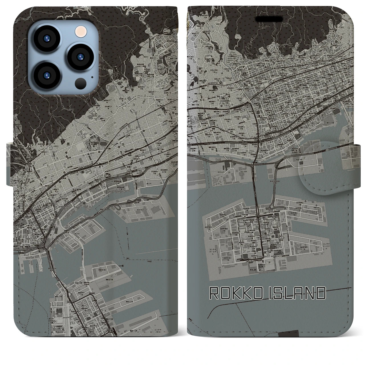 【六甲アイランド(兵庫県)】地図柄iPhoneケース(手帳タイプ)モノトーン・iPhone 13 Pro Max 用
