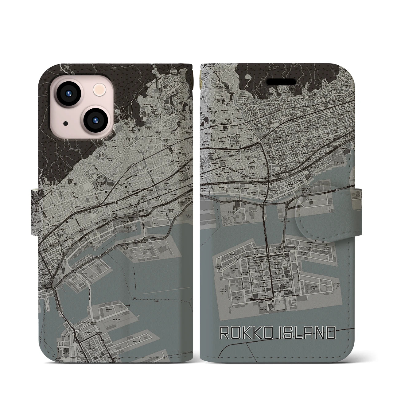 【六甲アイランド(兵庫県)】地図柄iPhoneケース(手帳タイプ)モノトーン・iPhone 13 mini 用