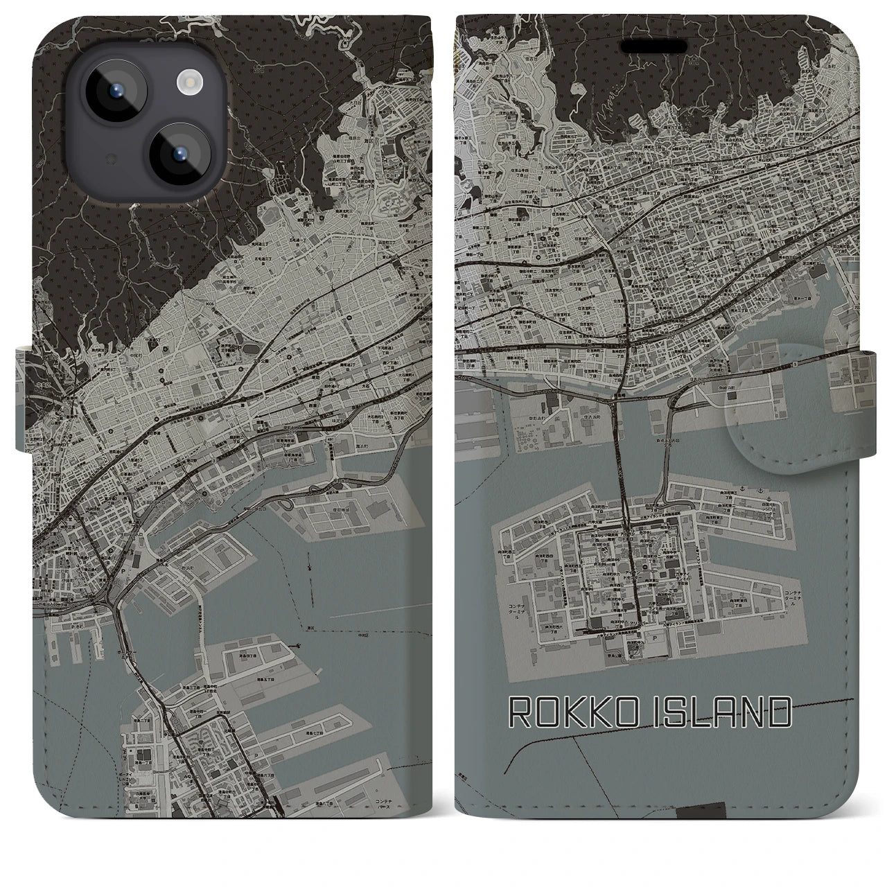 【六甲アイランド(兵庫県)】地図柄iPhoneケース(手帳タイプ)モノトーン・iPhone 14 Plus 用