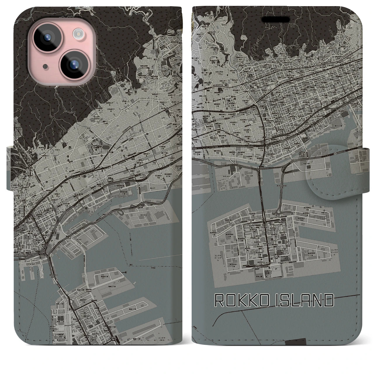 【六甲アイランド(兵庫県)】地図柄iPhoneケース(手帳タイプ)モノトーン・iPhone 15 Plus 用
