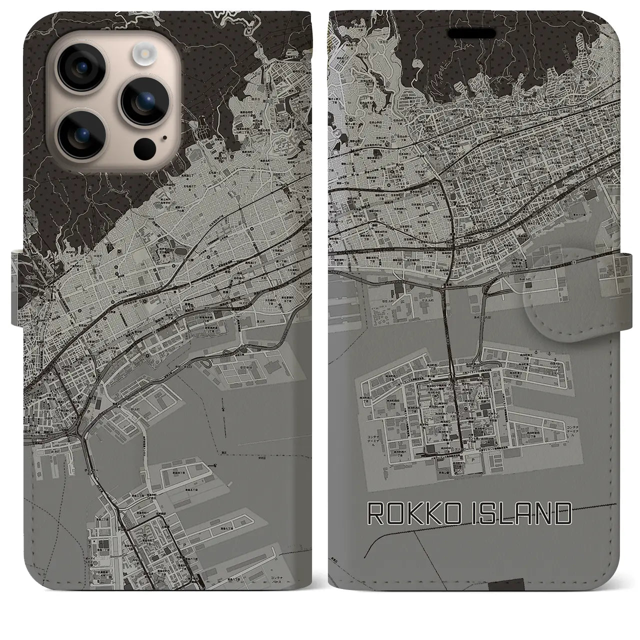 【六甲アイランド(兵庫県)】地図柄iPhoneケース(手帳タイプ)モノトーン・iPhone 16 Plus 用