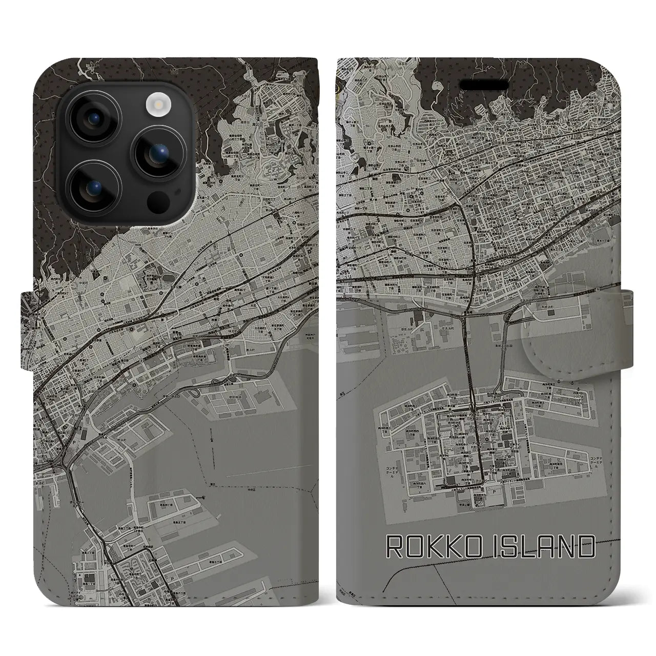 【六甲アイランド(兵庫県)】地図柄iPhoneケース(手帳タイプ)モノトーン・iPhone 16 用