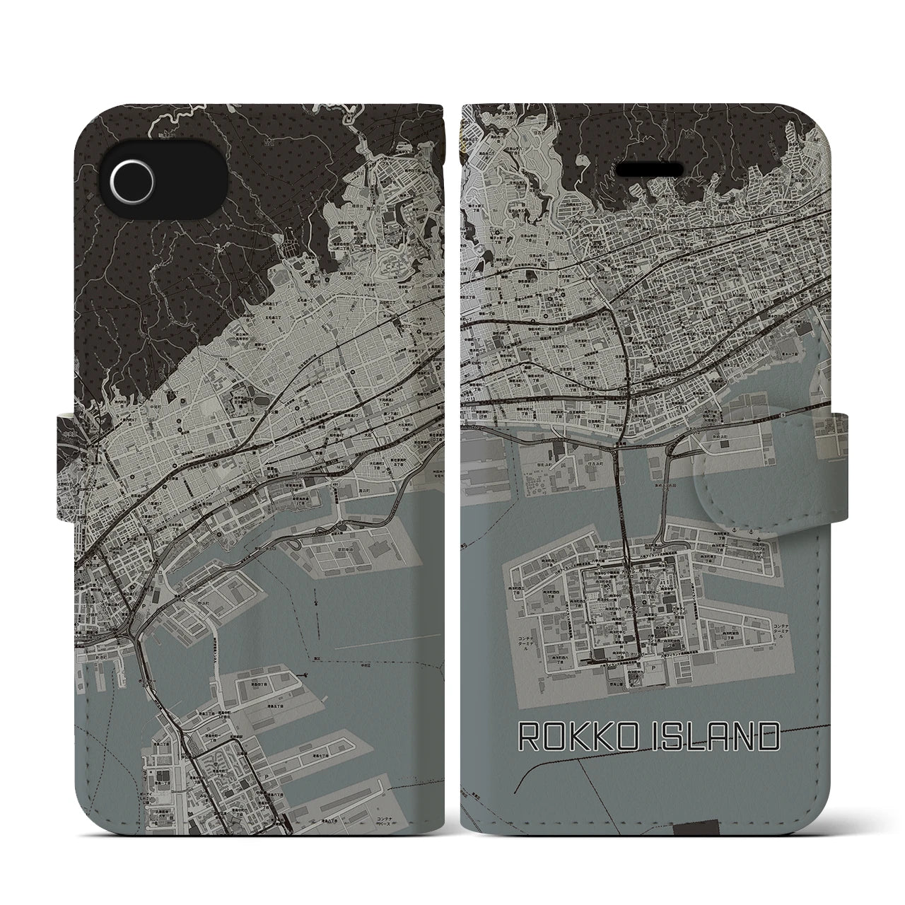 【六甲アイランド(兵庫県)】地図柄iPhoneケース(手帳タイプ)モノトーン・iPhone SE(第3 / 第2世代) / 8 / 7 / 6s / 6 用