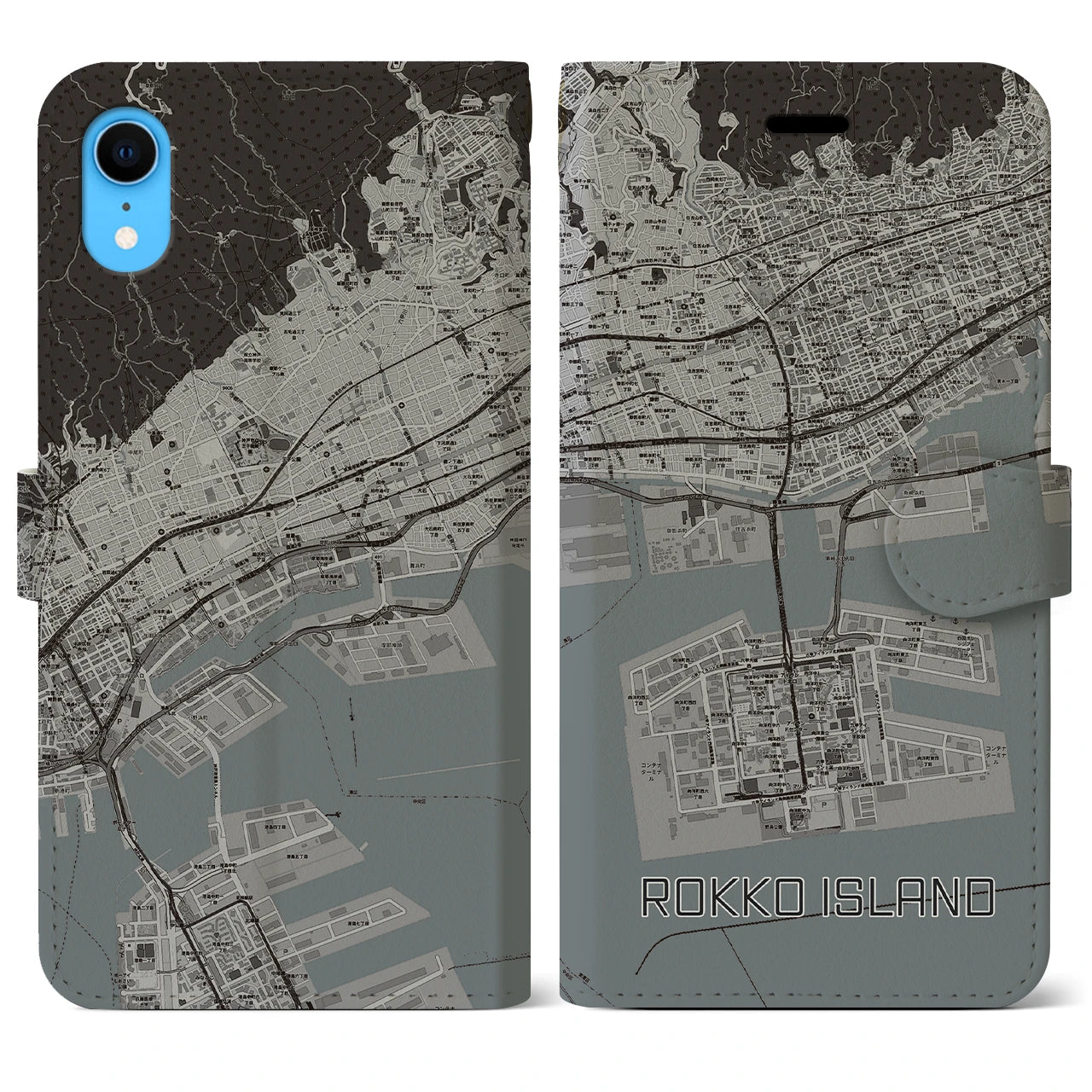 【六甲アイランド(兵庫県)】地図柄iPhoneケース(手帳タイプ)モノトーン・iPhone XR 用