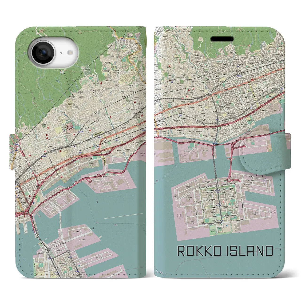 【六甲アイランド(兵庫県)】地図柄iPhoneケース(手帳タイプ)