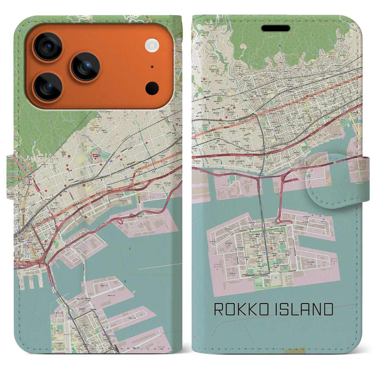 【六甲アイランド(兵庫県)】地図柄iPhoneケース(手帳タイプ)