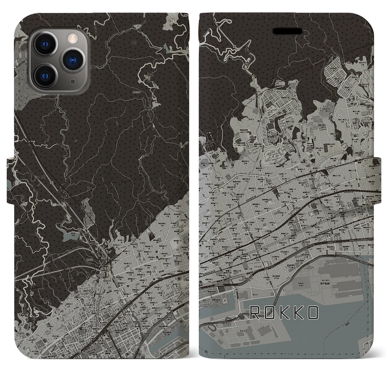 【六甲(兵庫県)】地図柄iPhoneケース(手帳タイプ)モノトーン・iPhone 11 Pro Max 用