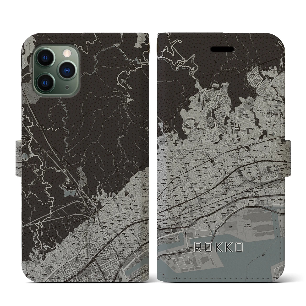 【六甲(兵庫県)】地図柄iPhoneケース(手帳タイプ)モノトーン・iPhone 11 Pro 用