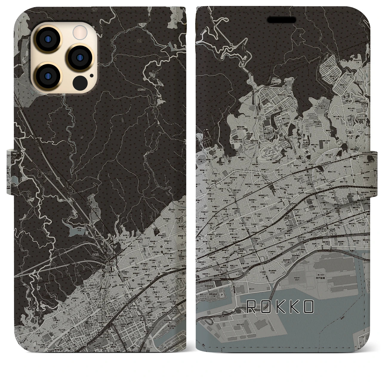 【六甲(兵庫県)】地図柄iPhoneケース(手帳タイプ)モノトーン・iPhone 12 Pro Max 用