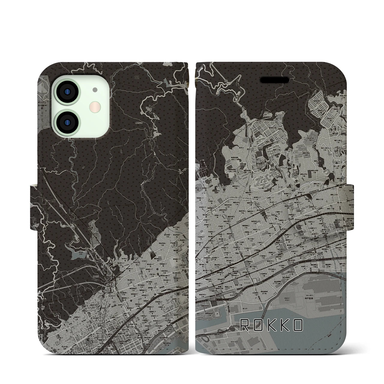 【六甲(兵庫県)】地図柄iPhoneケース(手帳タイプ)モノトーン・iPhone 12 mini 用