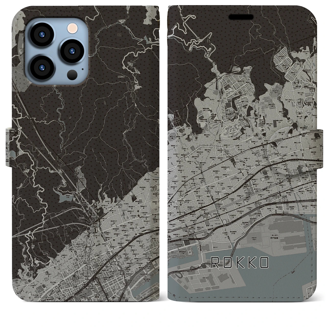 【六甲(兵庫県)】地図柄iPhoneケース(手帳タイプ)モノトーン・iPhone 13 Pro Max 用