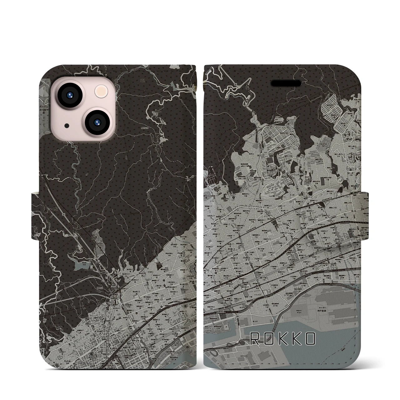 【六甲(兵庫県)】地図柄iPhoneケース(手帳タイプ)モノトーン・iPhone 13 mini 用