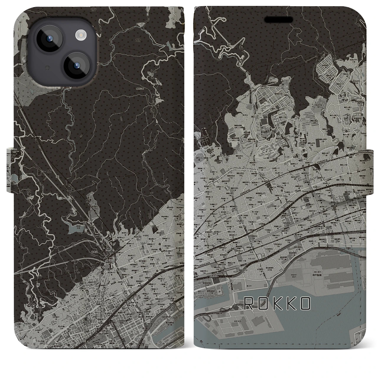 【六甲(兵庫県)】地図柄iPhoneケース(手帳タイプ)モノトーン・iPhone 14 Plus 用