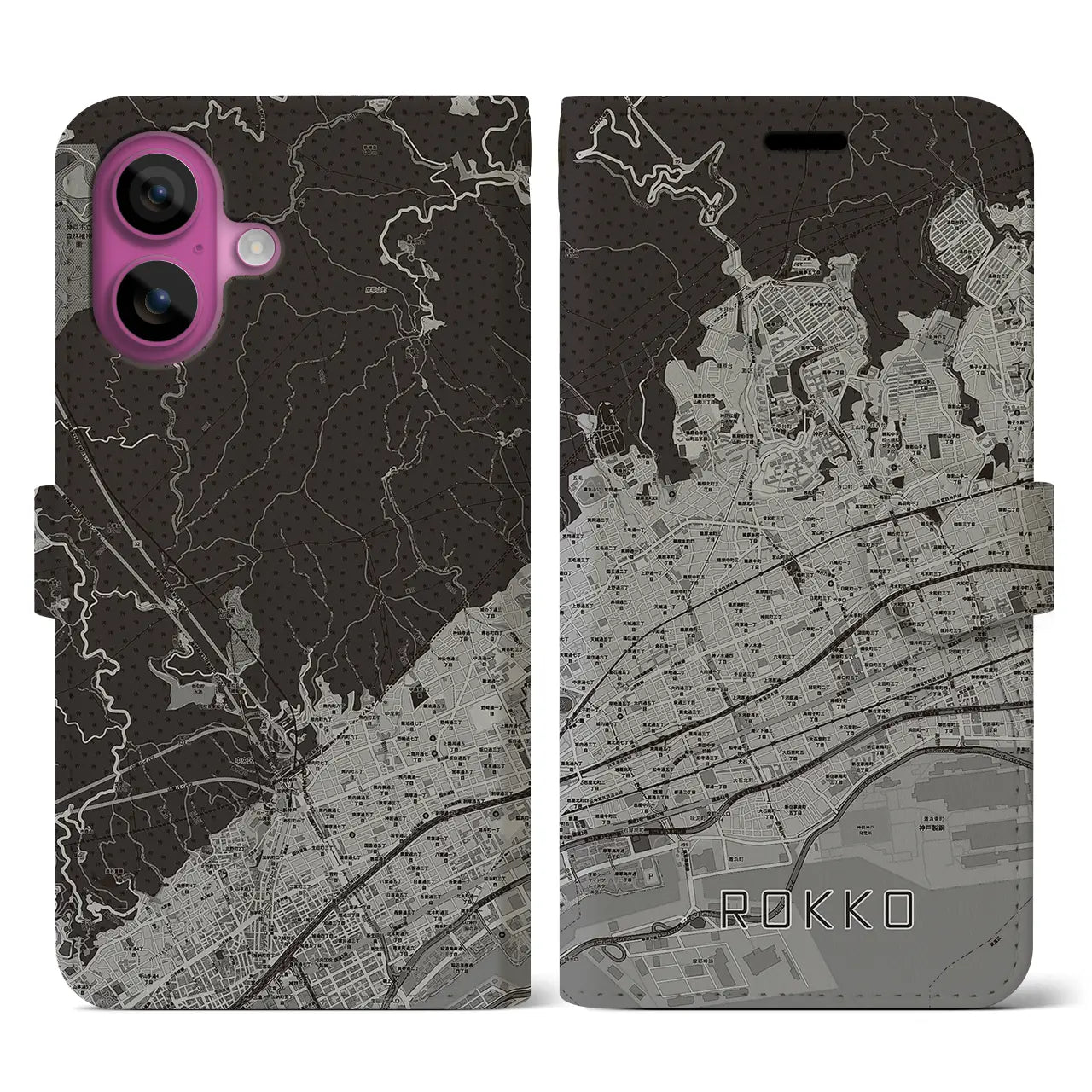 【六甲(兵庫県)】地図柄iPhoneケース(手帳タイプ)モノトーン・iPhone 16 Pro 用