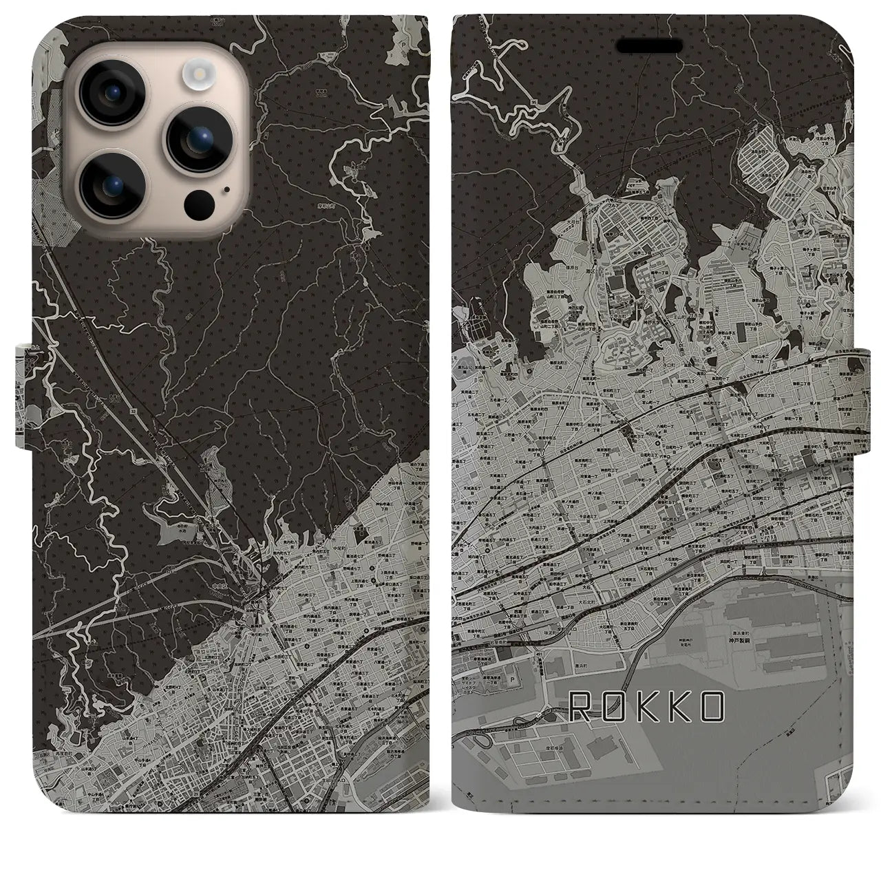 【六甲(兵庫県)】地図柄iPhoneケース(手帳タイプ)モノトーン・iPhone 16 Plus 用