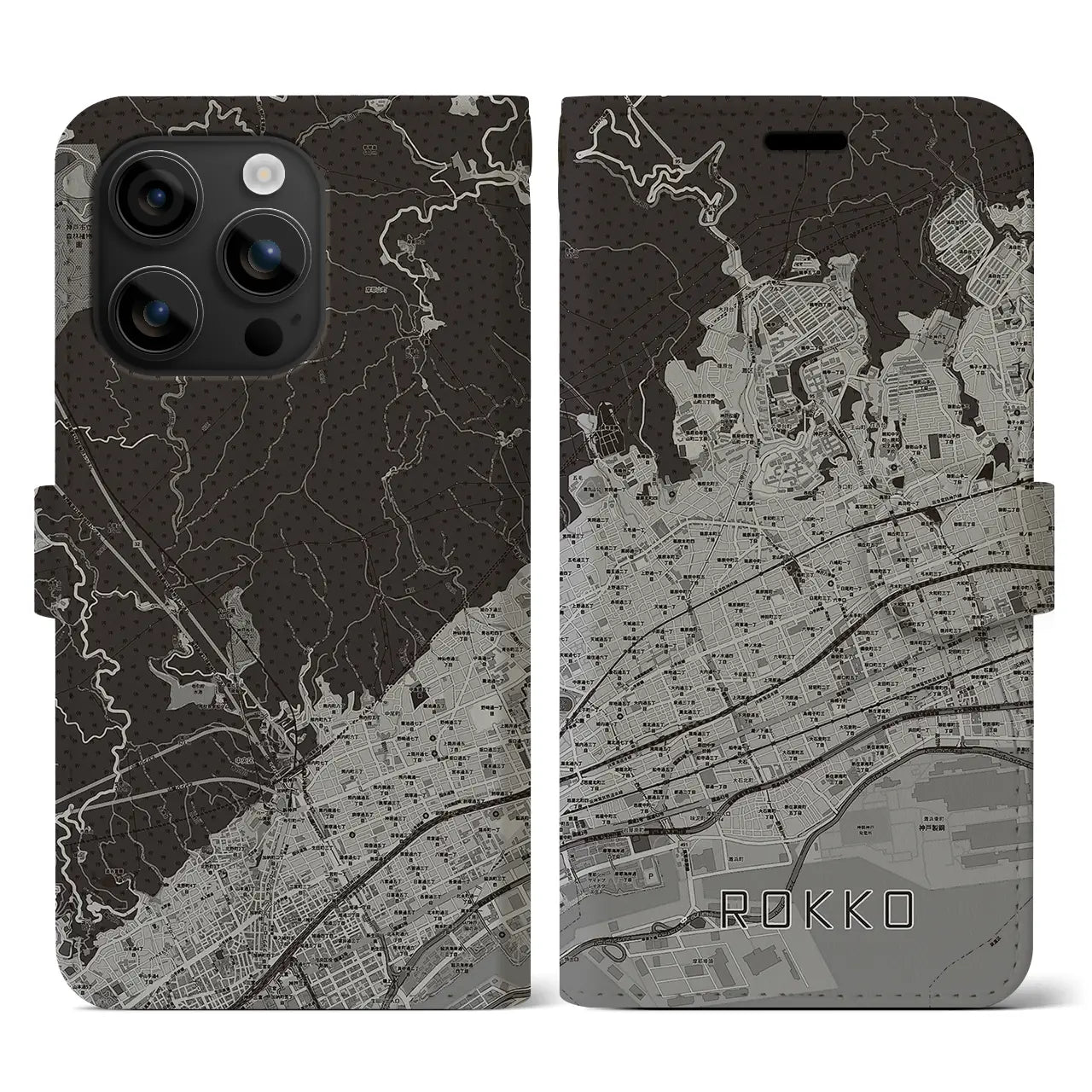 【六甲(兵庫県)】地図柄iPhoneケース(手帳タイプ)モノトーン・iPhone 16 用