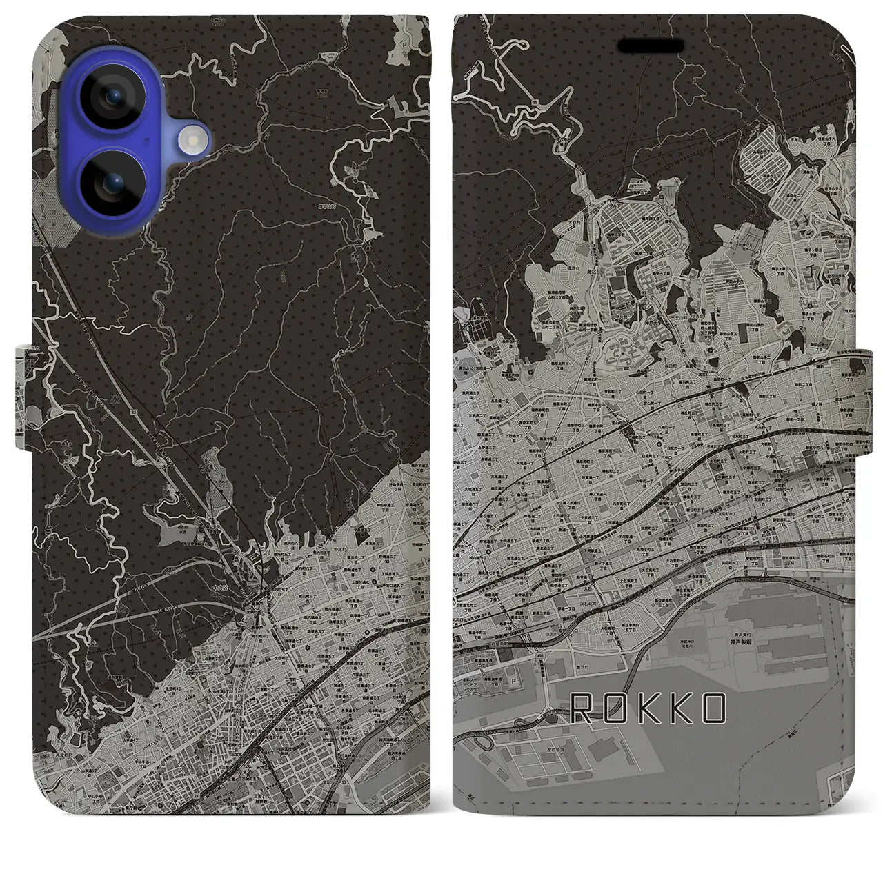 【六甲(兵庫県)】地図柄iPhoneケース(手帳タイプ)モノトーン・iPhone 16 Pro Max 用