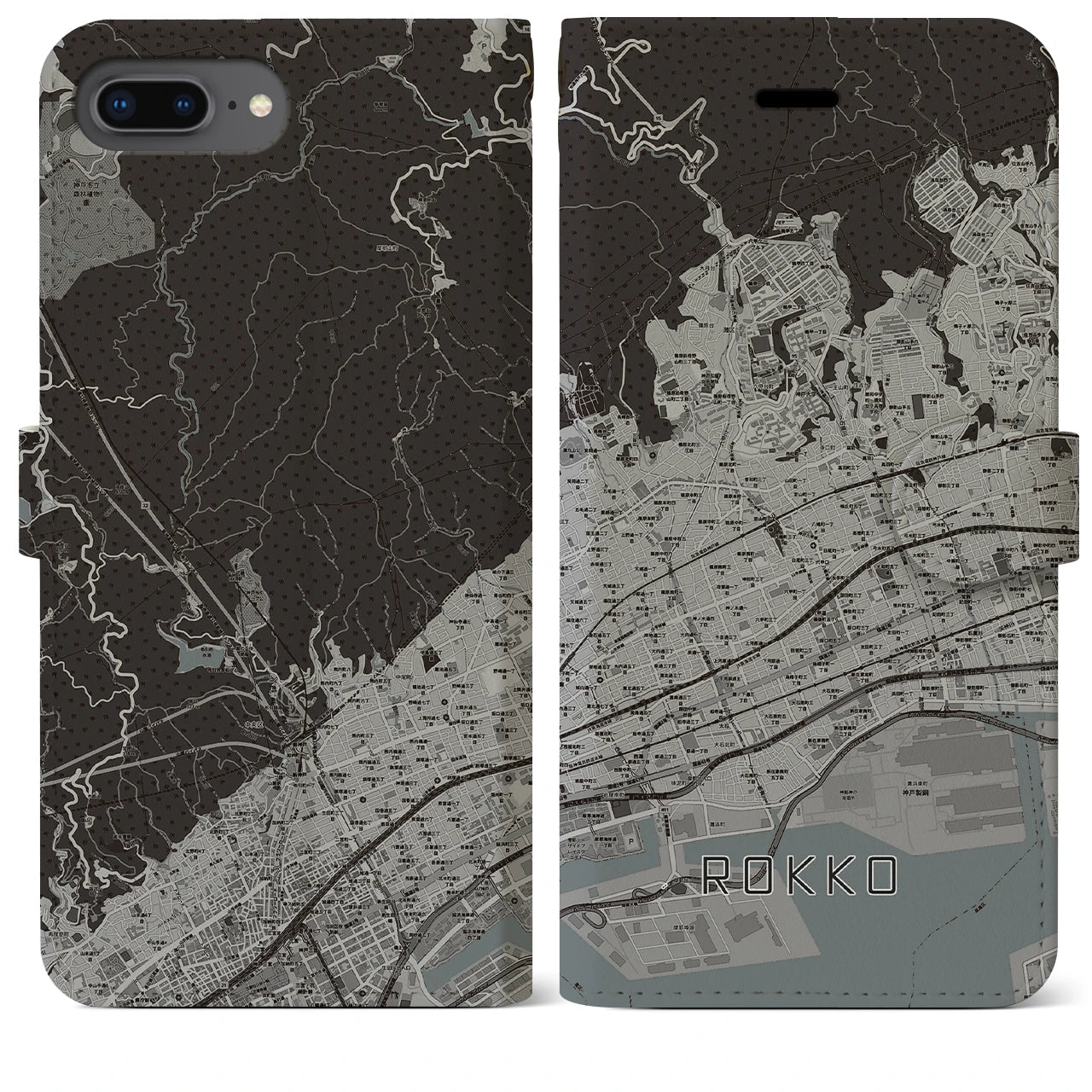【六甲(兵庫県)】地図柄iPhoneケース(手帳タイプ)モノトーン・iPhone 8Plus /7Plus / 6sPlus / 6Plus 用