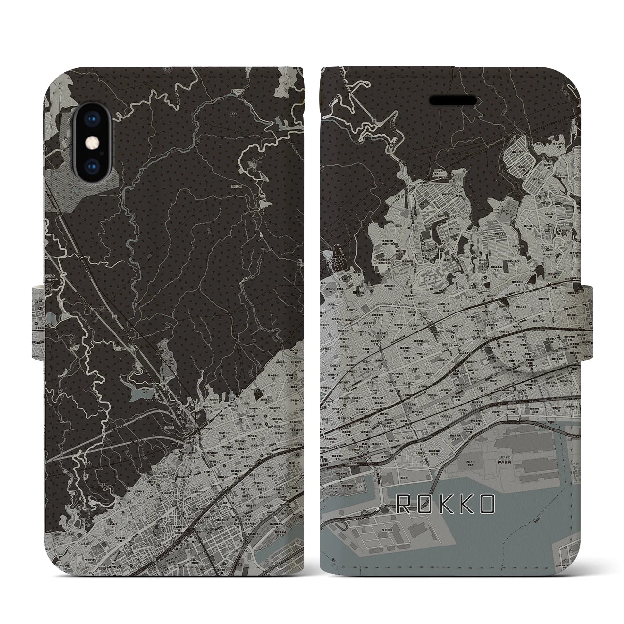 【六甲(兵庫県)】地図柄iPhoneケース(手帳タイプ)モノトーン・iPhone XS / X 用