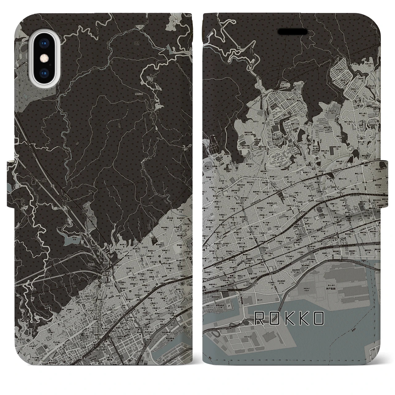 【六甲(兵庫県)】地図柄iPhoneケース(手帳タイプ)モノトーン・iPhone XS Max 用
