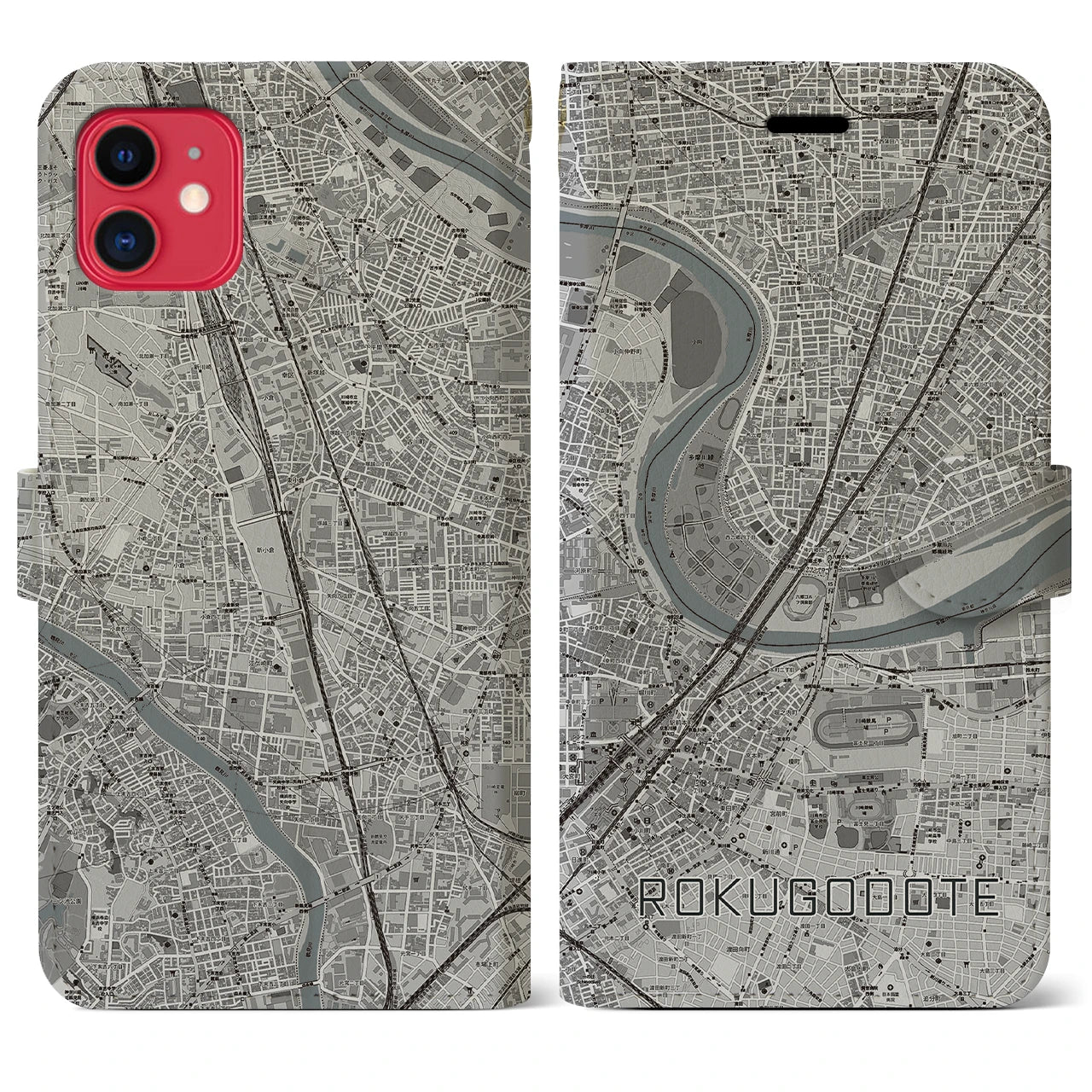 【六郷土手(東京都)】地図柄iPhoneケース(手帳タイプ)モノトーン・iPhone 11 用