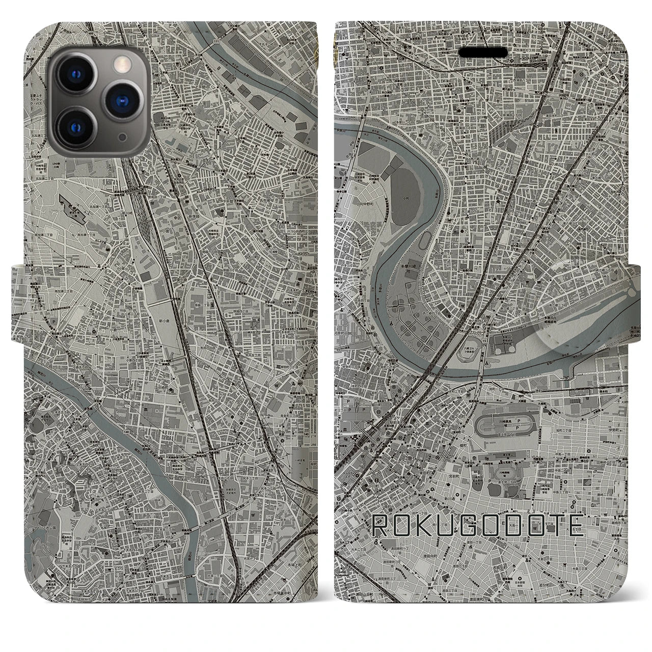 【六郷土手(東京都)】地図柄iPhoneケース(手帳タイプ)モノトーン・iPhone 11 Pro Max 用
