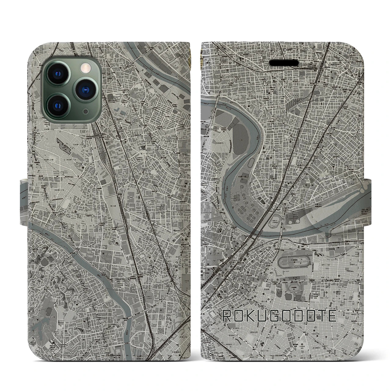 【六郷土手(東京都)】地図柄iPhoneケース(手帳タイプ)モノトーン・iPhone 11 Pro 用