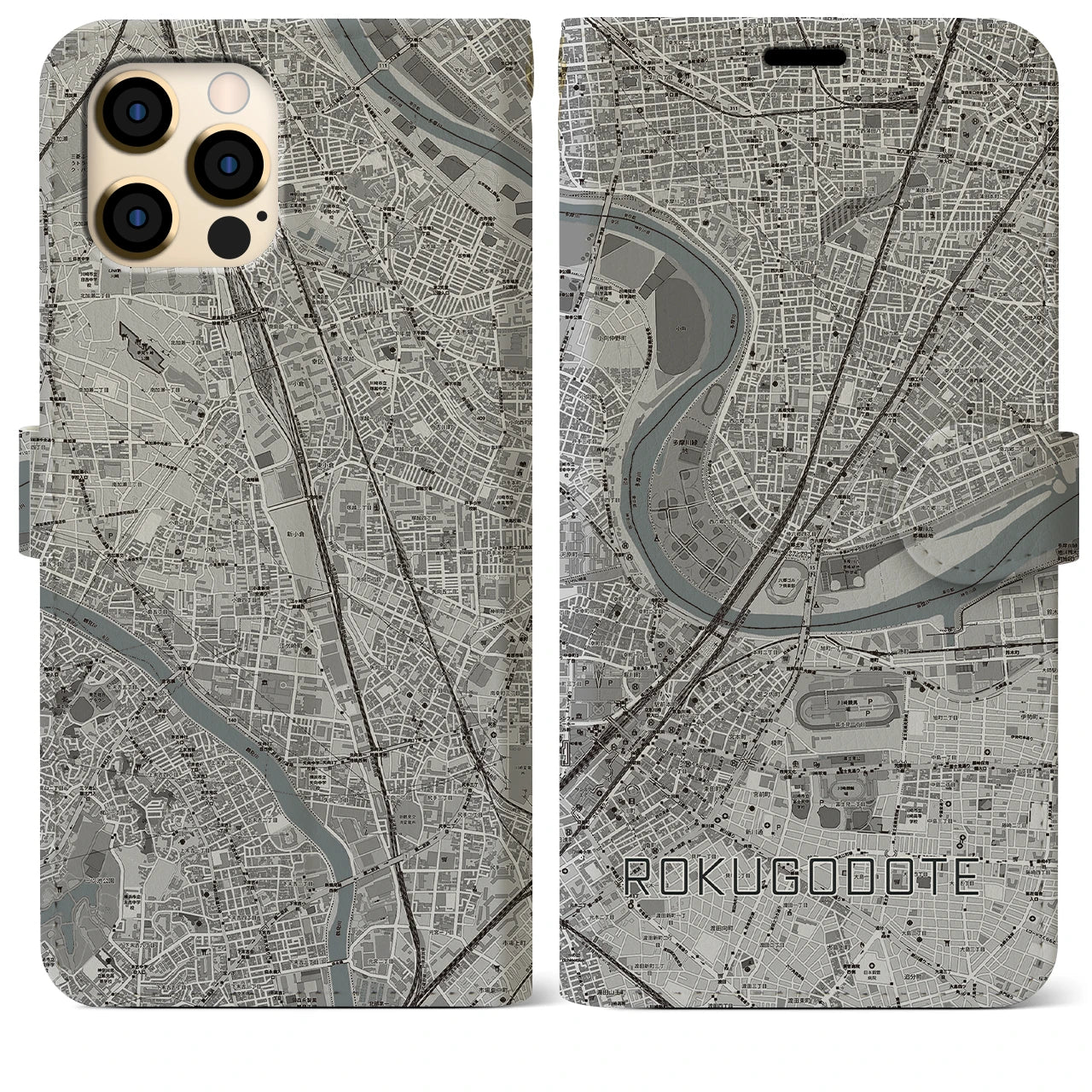 【六郷土手(東京都)】地図柄iPhoneケース(手帳タイプ)モノトーン・iPhone 12 Pro Max 用