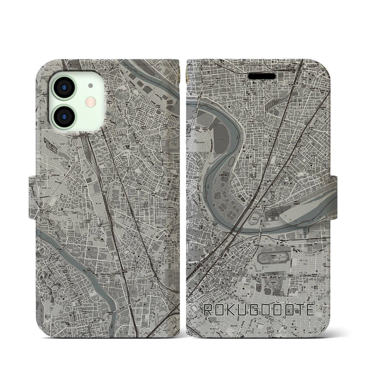 【六郷土手(東京都)】地図柄iPhoneケース(手帳タイプ)モノトーン・iPhone 12 mini 用