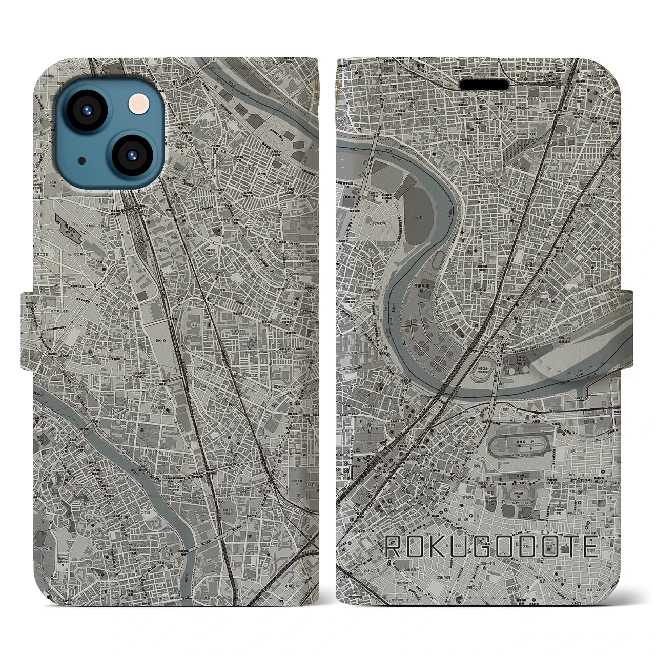 【六郷土手(東京都)】地図柄iPhoneケース(手帳タイプ)モノトーン・iPhone 13 用