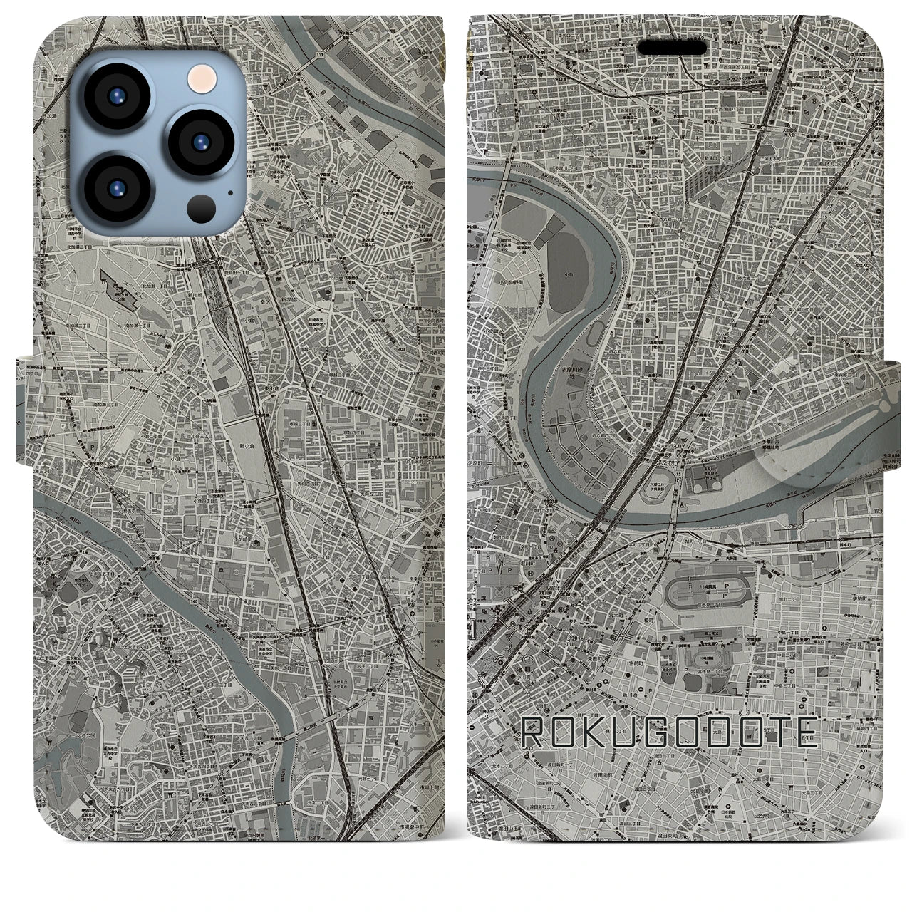 【六郷土手(東京都)】地図柄iPhoneケース(手帳タイプ)モノトーン・iPhone 13 Pro Max 用
