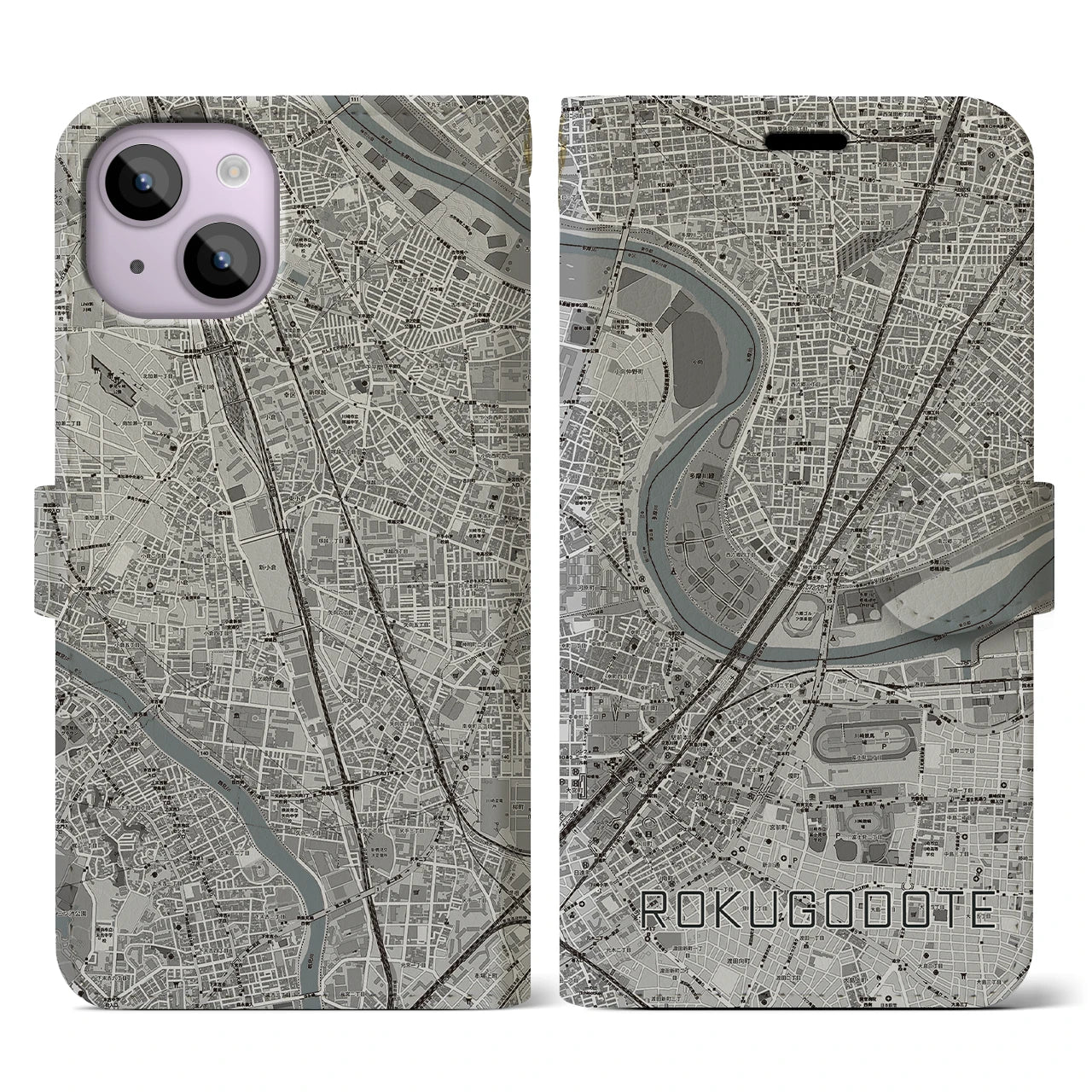 【六郷土手(東京都)】地図柄iPhoneケース(手帳タイプ)モノトーン・iPhone 14 用