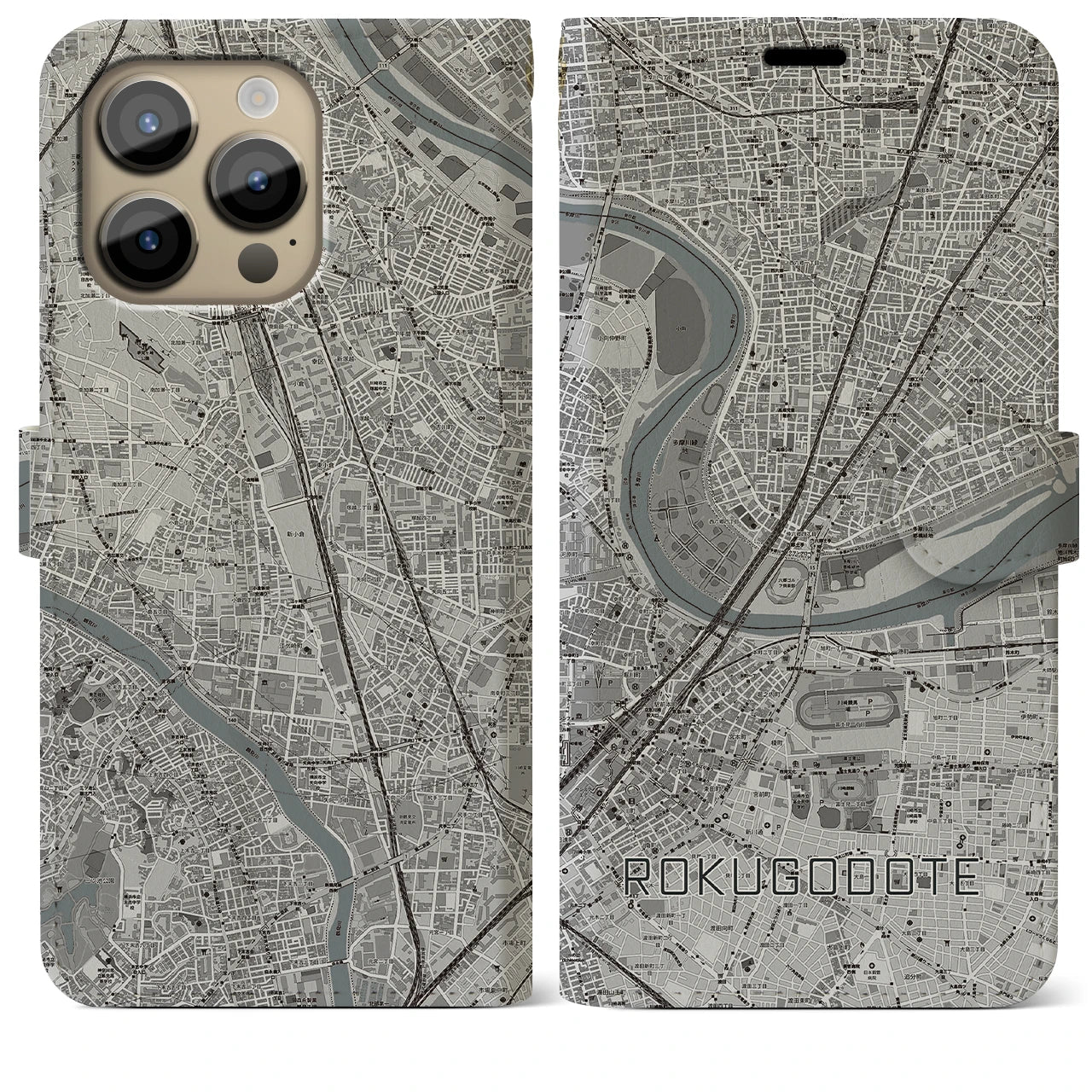 【六郷土手(東京都)】地図柄iPhoneケース(手帳タイプ)モノトーン・iPhone 14 Pro Max 用