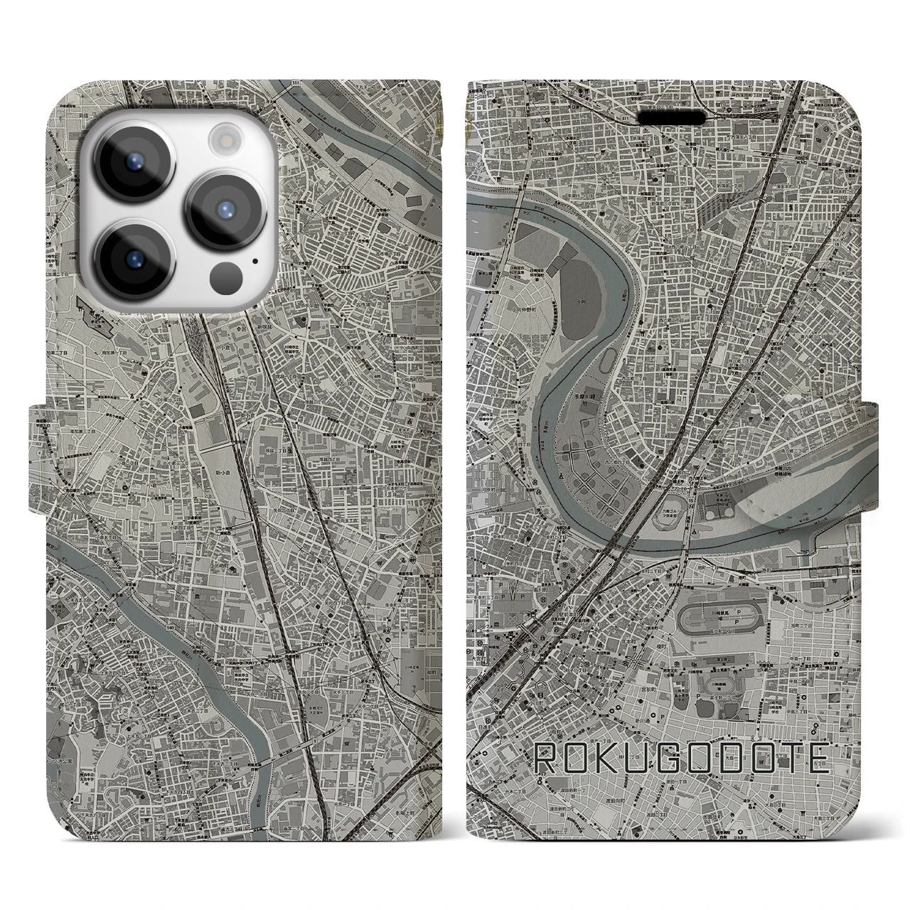 【六郷土手(東京都)】地図柄iPhoneケース(手帳タイプ)モノトーン・iPhone 14 Pro 用