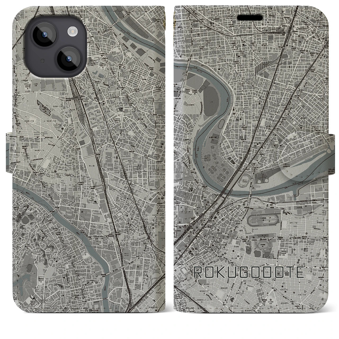 【六郷土手(東京都)】地図柄iPhoneケース(手帳タイプ)モノトーン・iPhone 14 Plus 用
