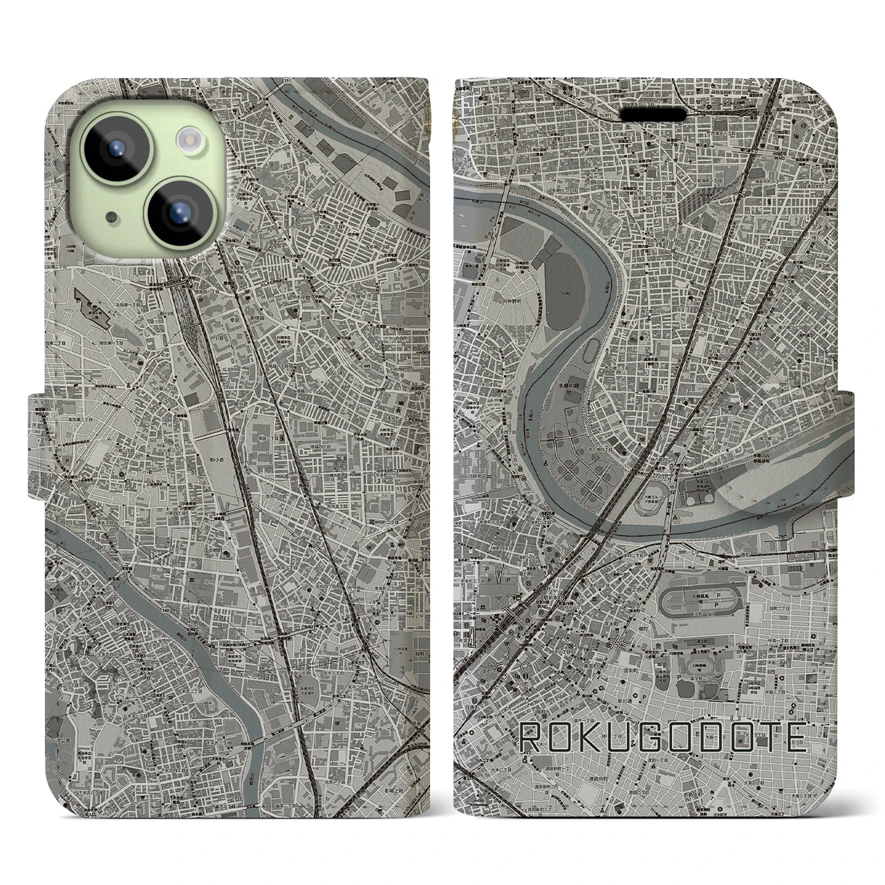【六郷土手(東京都)】地図柄iPhoneケース(手帳タイプ)モノトーン・iPhone 15 用