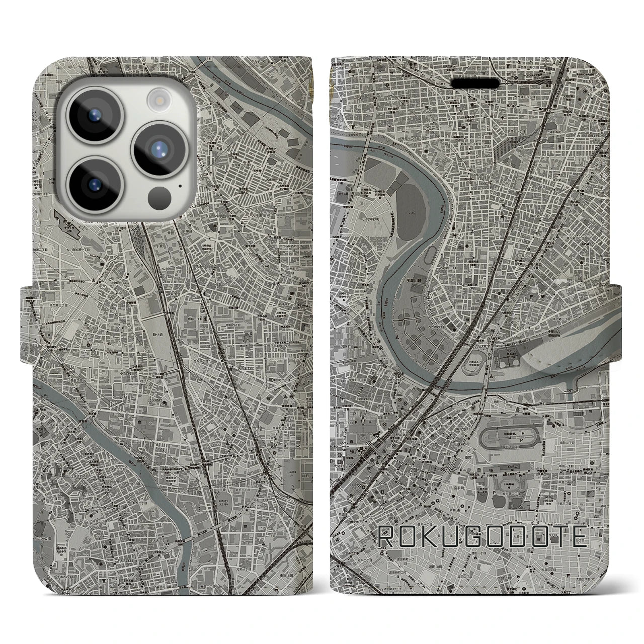 【六郷土手(東京都)】地図柄iPhoneケース(手帳タイプ)モノトーン・iPhone 15 Pro 用